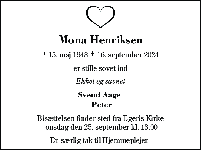 Dødsannonce for Mona Henriksen