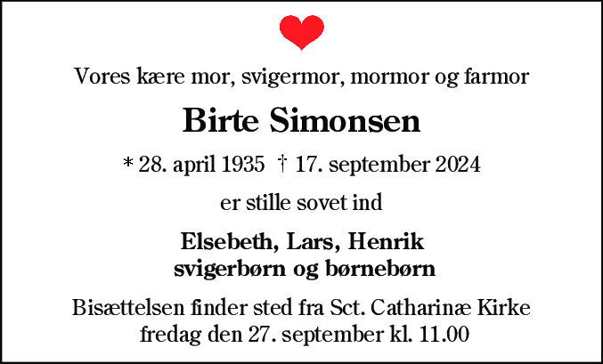 Dødsannonce for Birte Simonsen