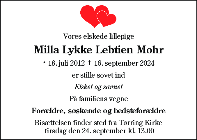 Dødsannonce for Milla Lykke Lebtien Mohr