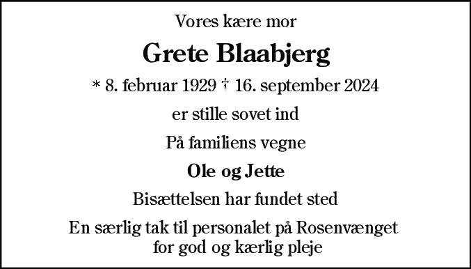 Dødsannonce for Grete Blaabjerg