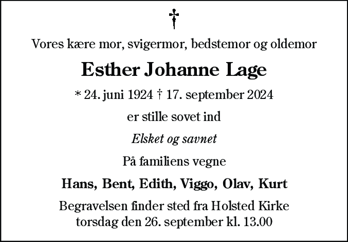 Dødsannonce for Esther Johanne Lage