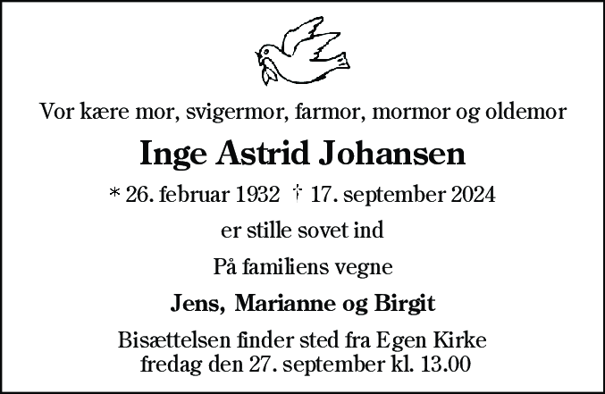 Dødsannonce for Inge Astrid Johansen