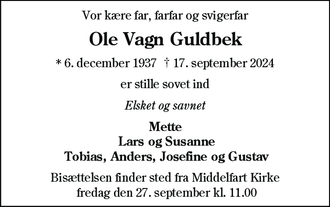 Dødsannonce for Ole Vagn Guldbek