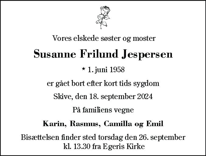 Dødsannonce for Susanne Frilund Jespersen