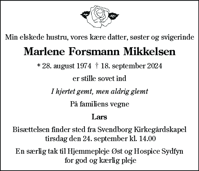 Dødsannonce for Marlene Forsmann Mikkelsen