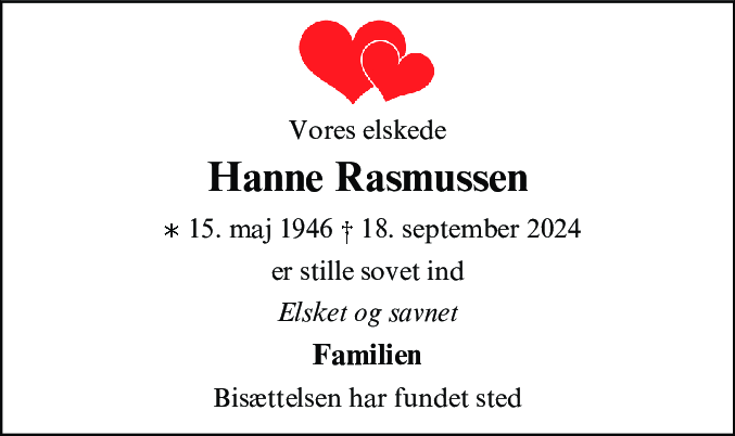 Dødsannonce for Hanne Rasmussen