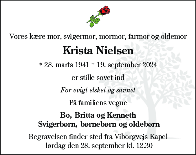 Dødsannonce for Krista Nielsen