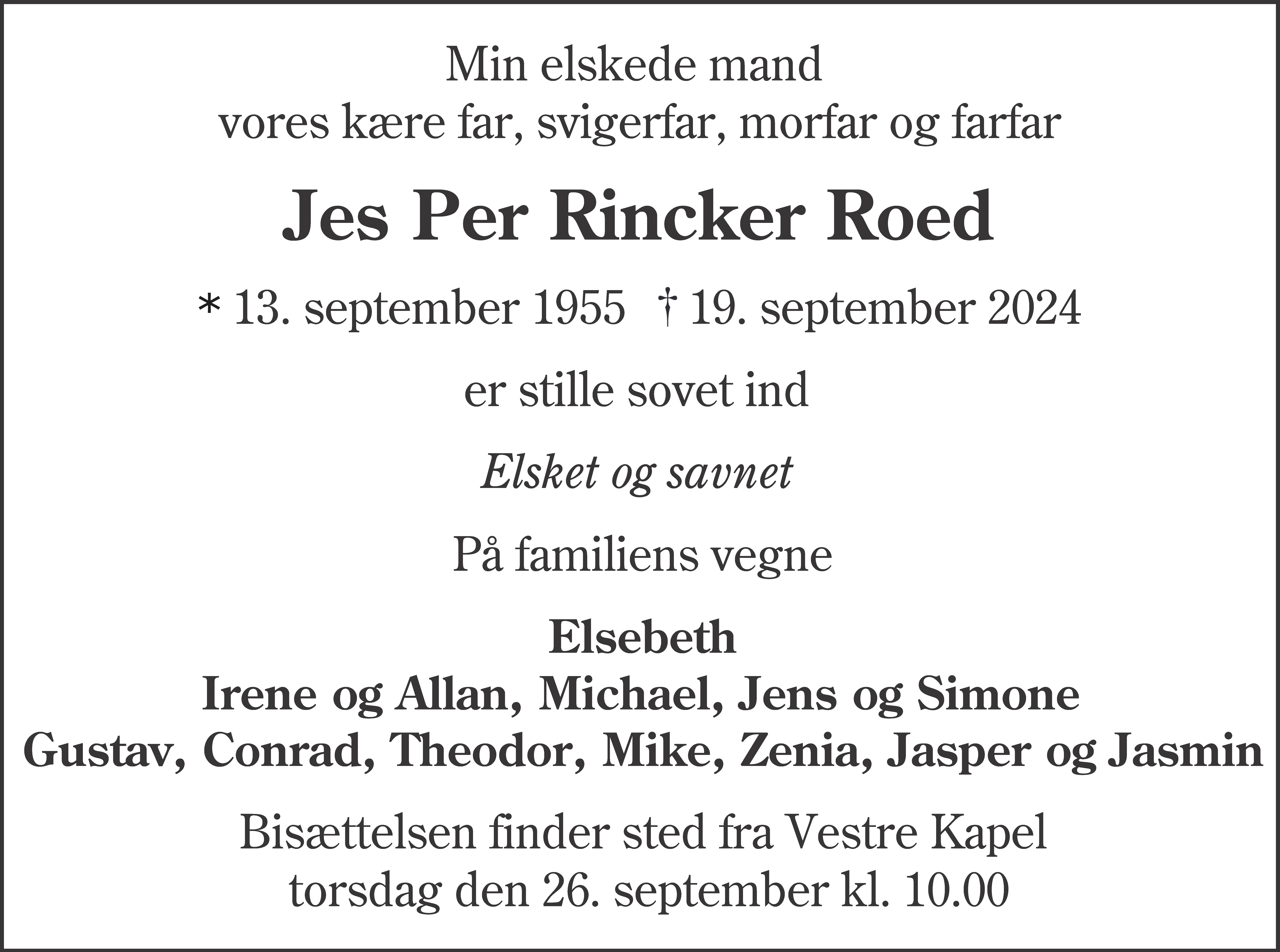 Dødsannonce for Jes Per Rincker Roed