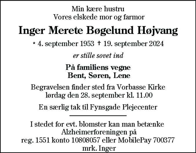 Dødsannonce for Inger Merete Bøgelund Højvang