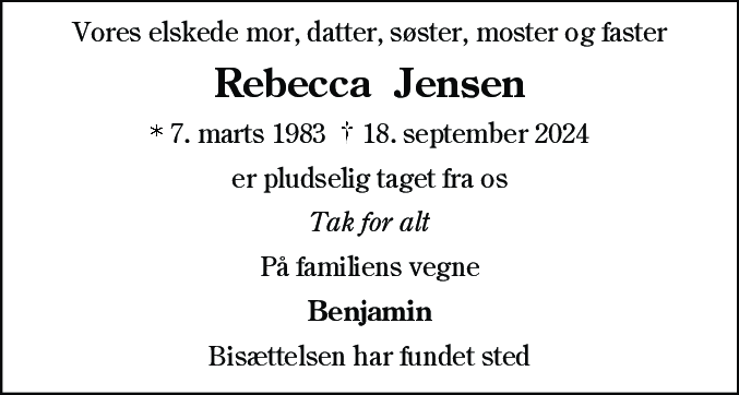 Dødsannonce for Rebecca  Jensen