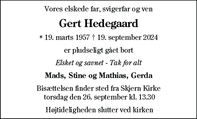 Dødsannonce for Gert Hedegaard