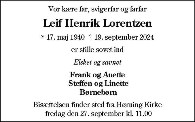 Dødsannonce for Leif Henrik Lorentzen