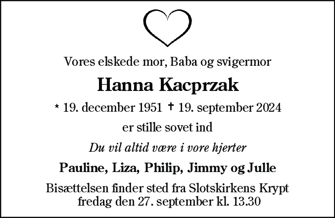 Dødsannonce for Hanna Kacprzak