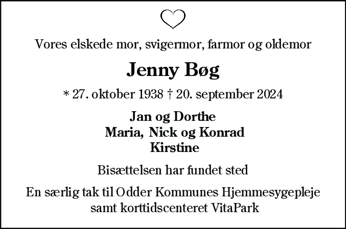 Dødsannonce for Jenny Bøg