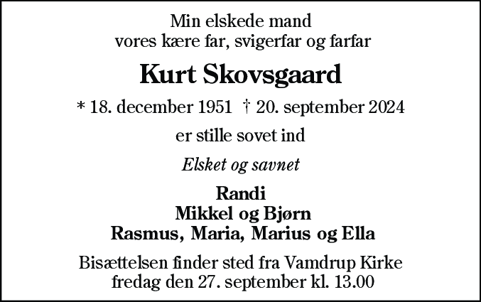 Dødsannonce for Kurt Skovsgaard