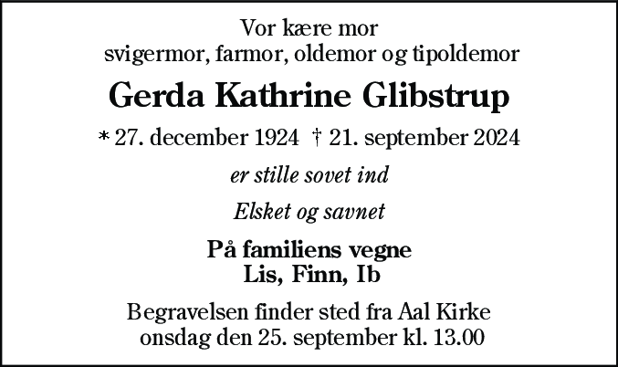 Dødsannonce for Gerda Kathrine Glibstrup