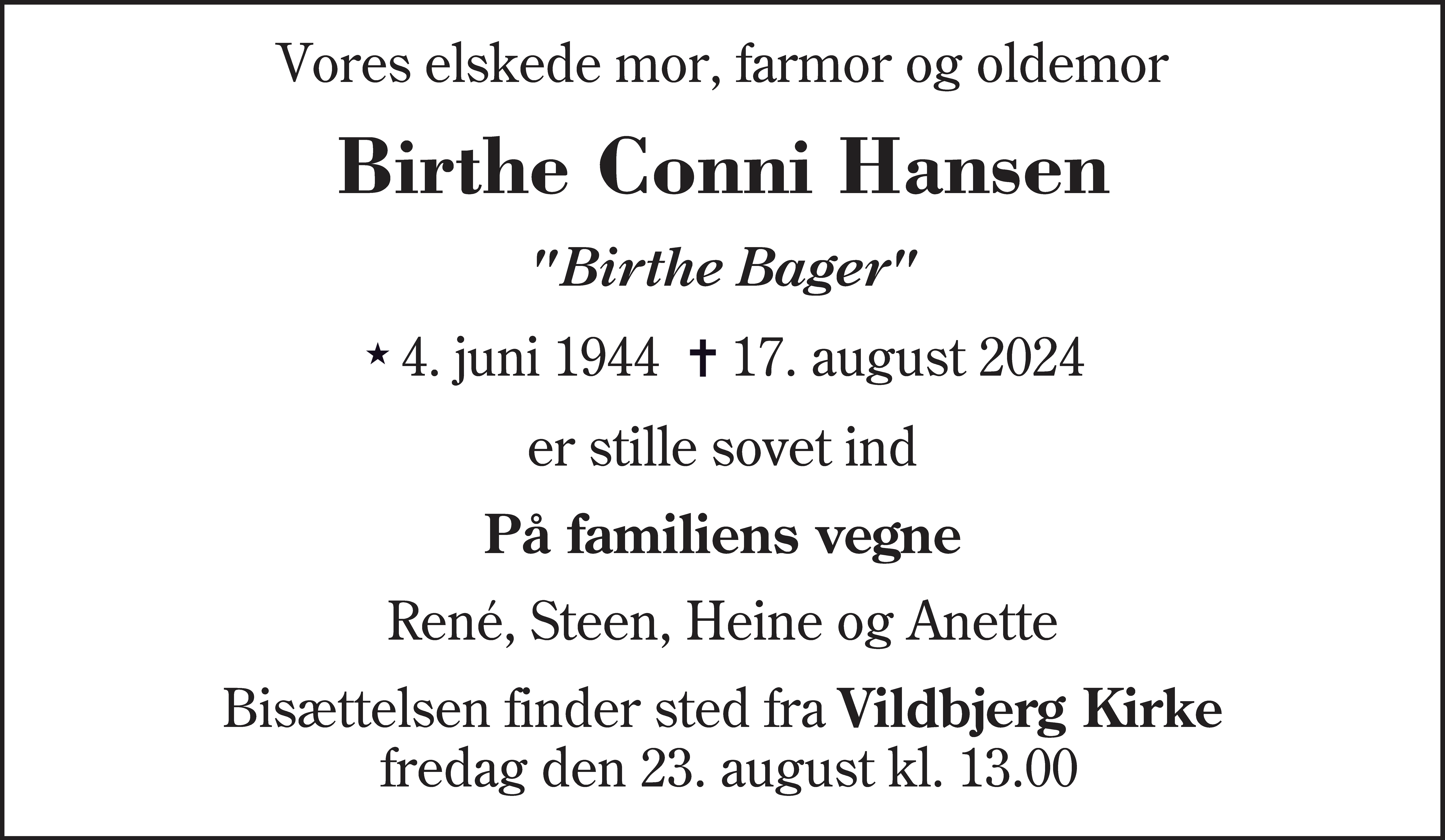 Dødsannonce for Birthe Conni Hansen