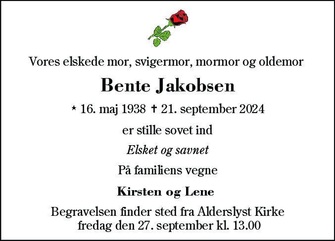 Dødsannonce for Bente Jakobsen