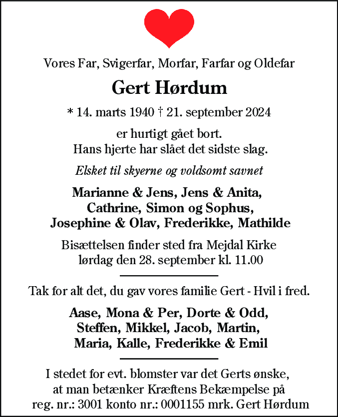 Dødsannonce for Gert Hørdum