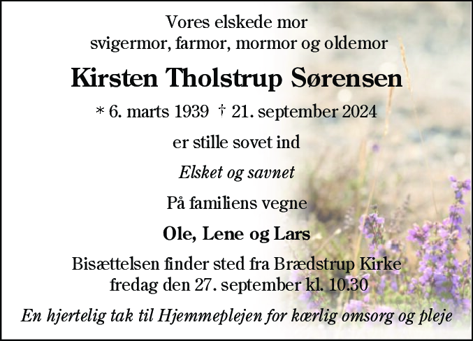 Dødsannonce for Kirsten Tholstrup Sørensen