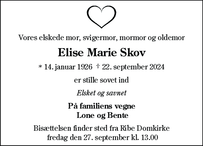 Dødsannonce for Elise Marie Skov