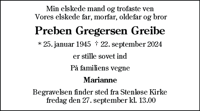 Dødsannonce for Preben Gregersen Greibe