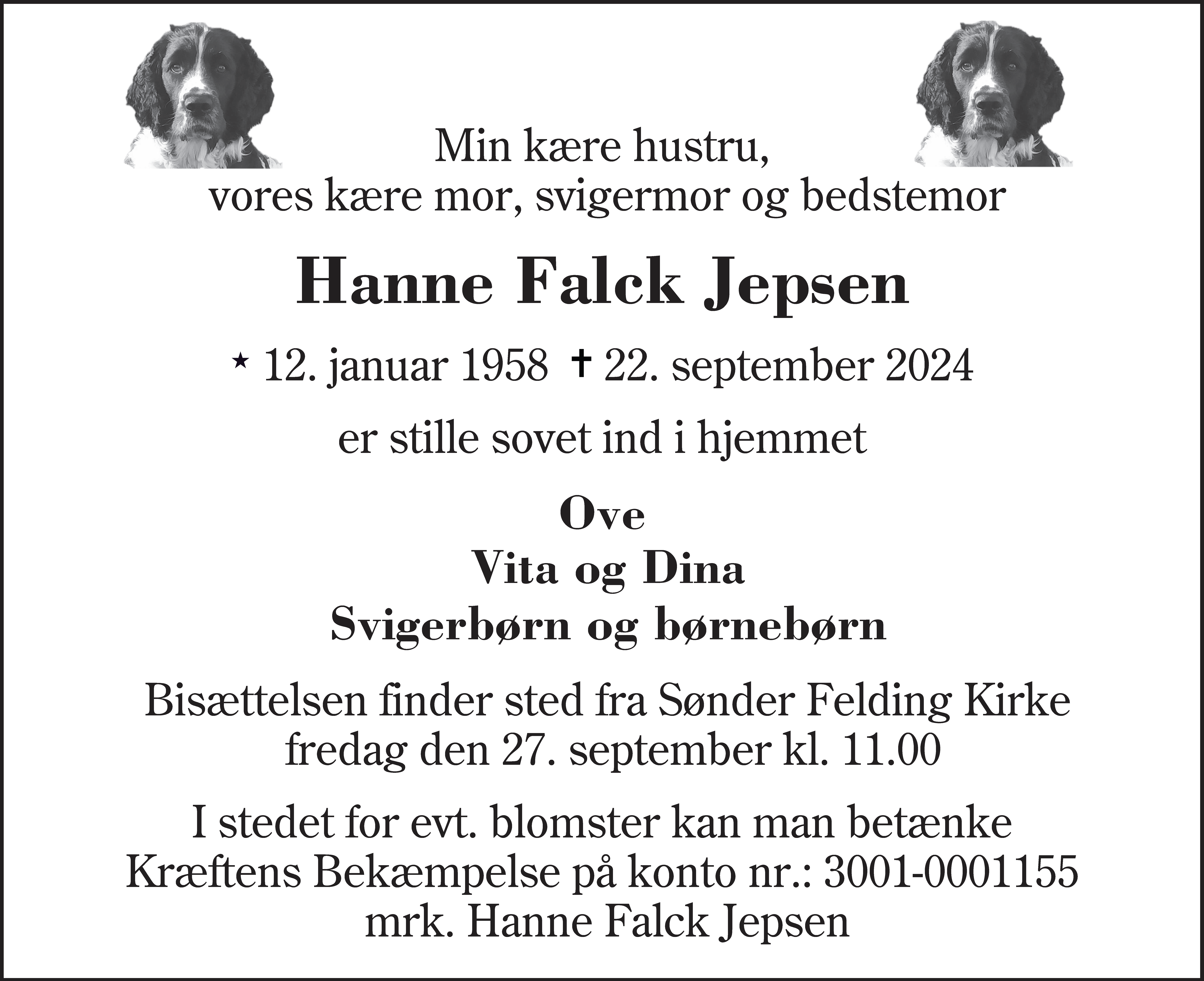 Dødsannonce for Hanne Falck Jepsen