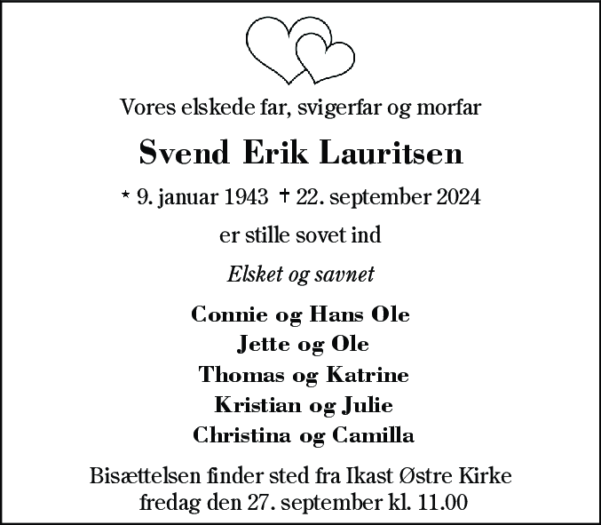 Dødsannonce for Svend Erik Lauritsen