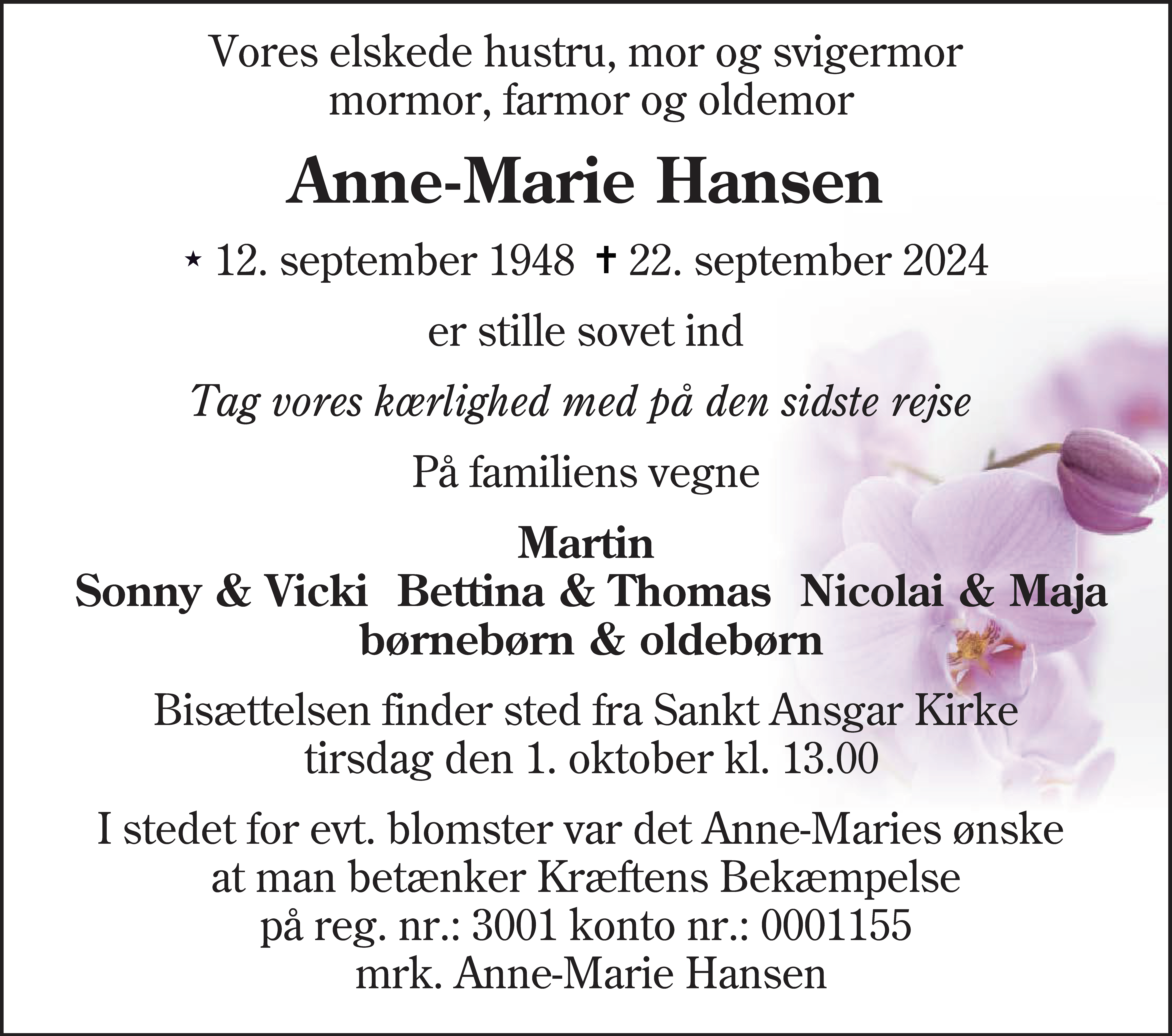 Dødsannonce for Anne-Marie Hansen