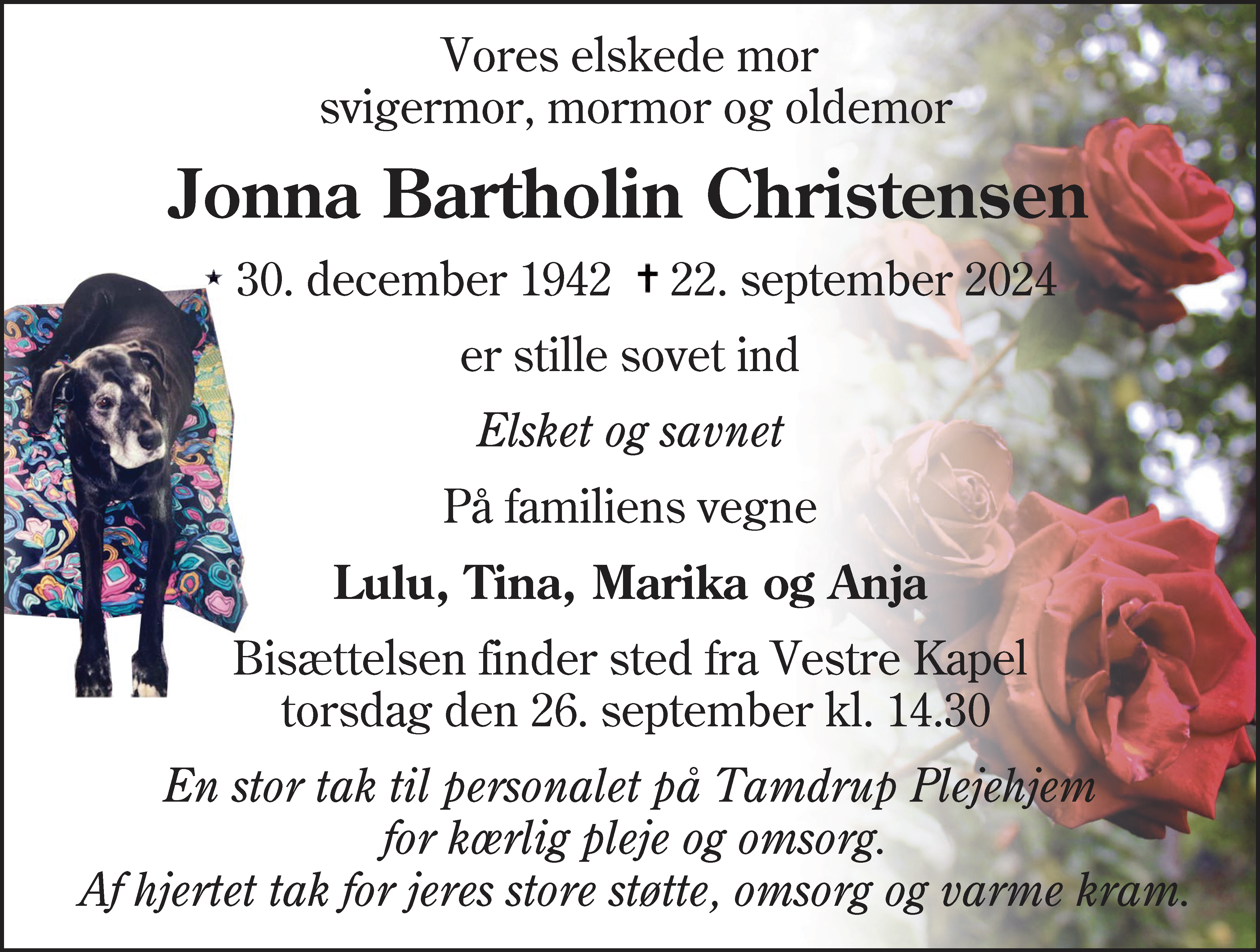 Dødsannonce for Jonna Bartholin Christensen