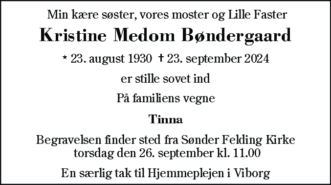 Dødsannonce for Kristine Medom Bøndergaard