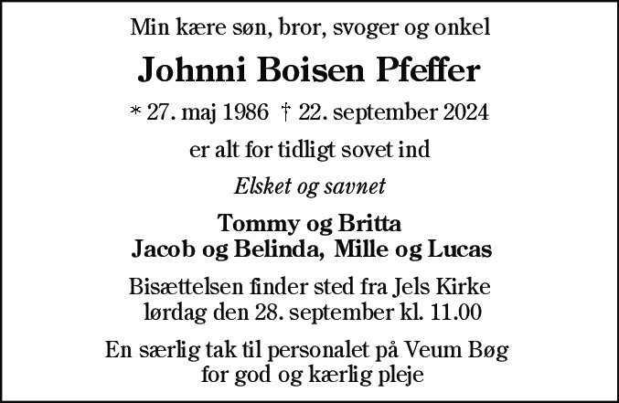 Dødsannonce for Johnni Boisen Pfeffer