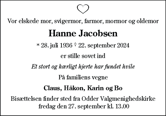 Dødsannonce for Johanne Kathrine Jacobsen