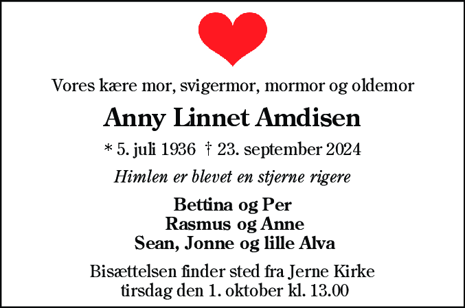 Dødsannonce for Anny Linnet Amdisen