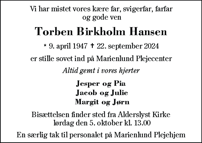 Dødsannonce for Torben Birkholm Hansen