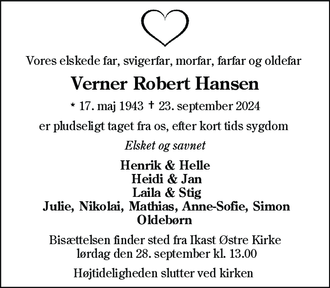 Dødsannonce for Verner Robert Hansen