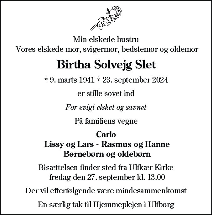 Dødsannonce for Birtha Solvejg Slet