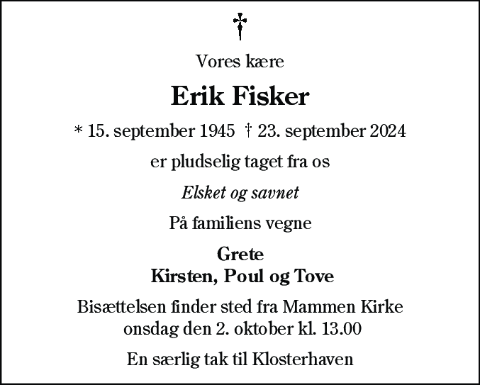 Dødsannonce for Erik Fisker