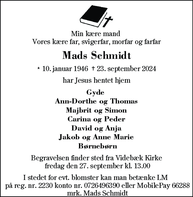 Dødsannonce for Mads Schmidt