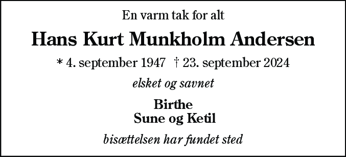 Dødsannonce for Hans Kurt Munkholm Andersen