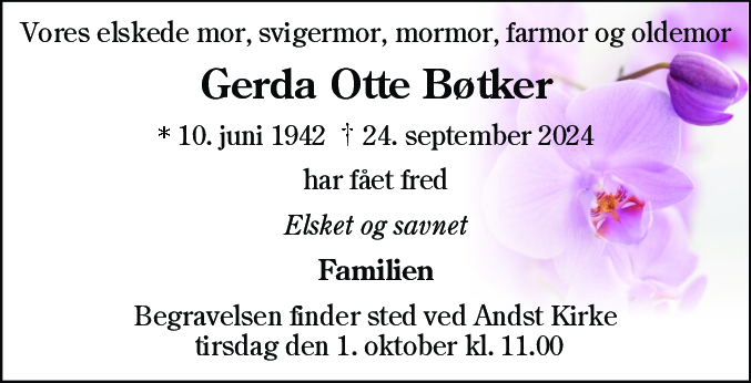 Dødsannonce for Gerda Otte Bøtker