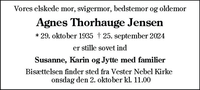 Dødsannonce for Agnes Johanne Thorhauge Jensen