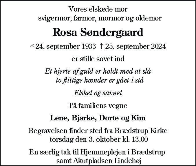 Dødsannonce for Edith Rosa Søndergaard