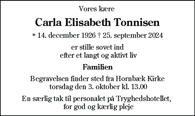 Dødsannonce for Carla Elisabeth Tonnisen