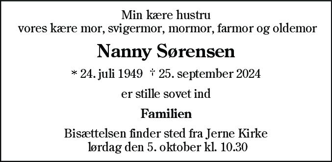 Dødsannonce for Nanny Sørensen