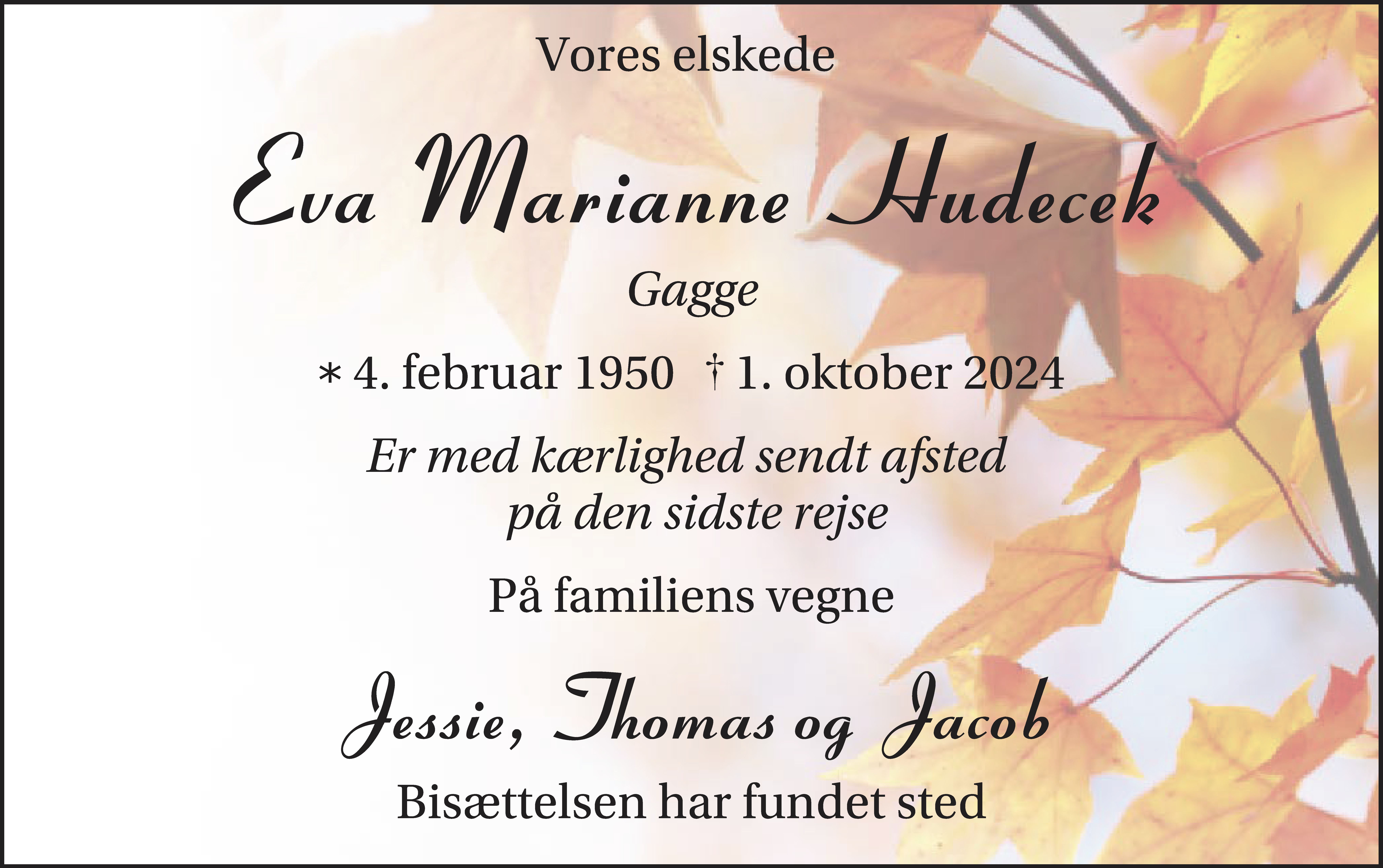 Dødsannonce for Eva Marianne Hudecek