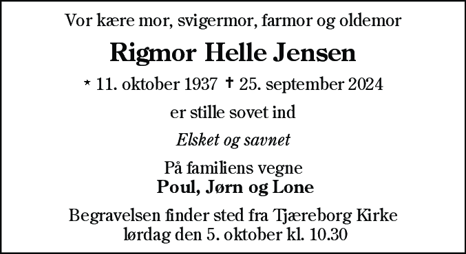 Dødsannonce for Rigmor Helle Jensen