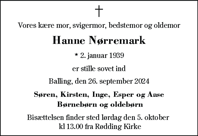 Dødsannonce for Hanne Nørremark