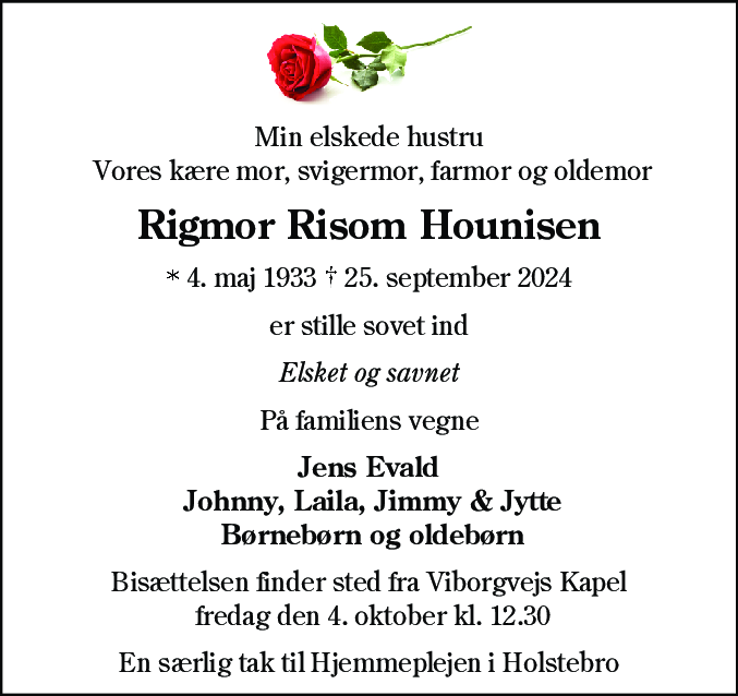 Dødsannonce for Rigmor Risom Hounisen
