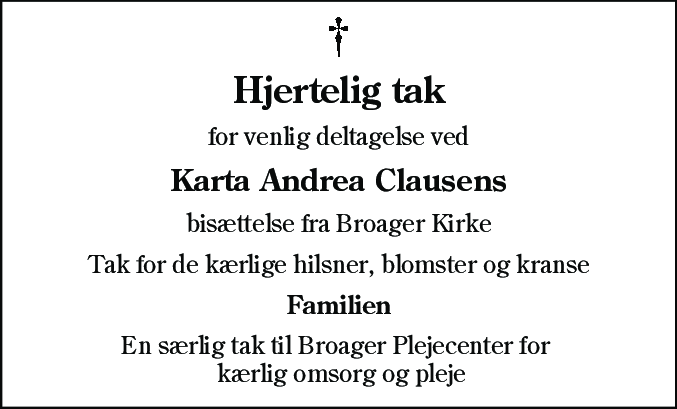 Dødsannonce for Karta Andrea Clausen